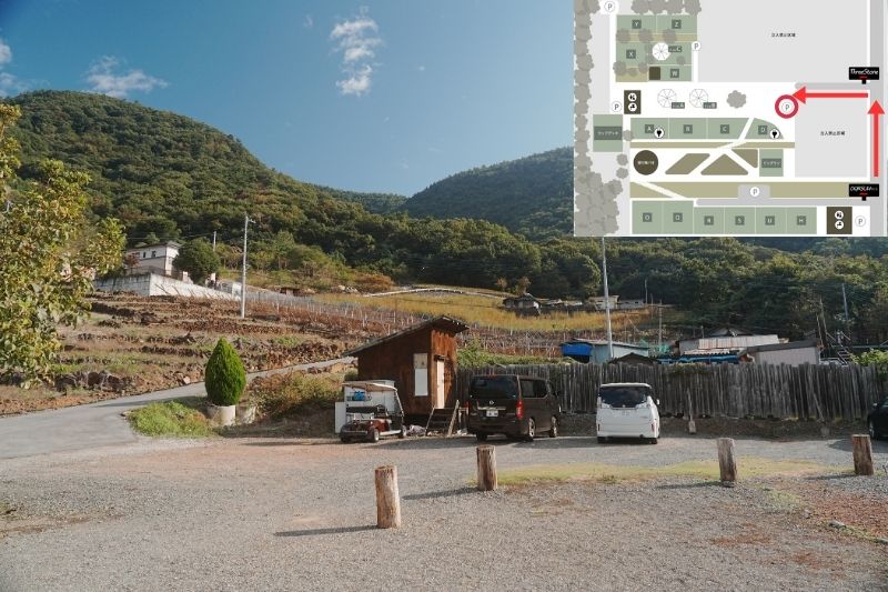 スリーストーンキャンプ場　入城経路　駐車場