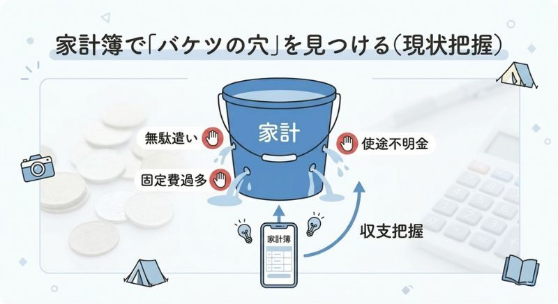家計　収支　把握　バケツ　イメージ