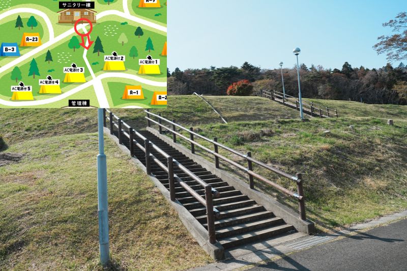 おしか家族旅行村オートキャンプ場　電源付きサイト　階段
